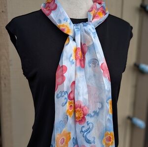 Pale Blue And Pink Floral Silky Scarf